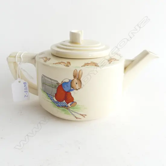 ROYAL DOULTON, BARBARA VERNON ART DECO BUNNYKINS TEAPOT (HANDLE HAS REPAIR)