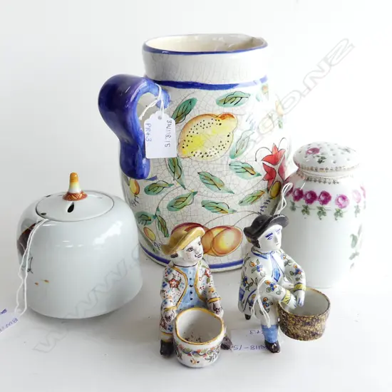 5 PCS ASST CHINA; FRENCH SUGAR SIFTER, JAPANESE POMANDER, PR PORTUGESE FIGURES & LG JUG (H.200MM)