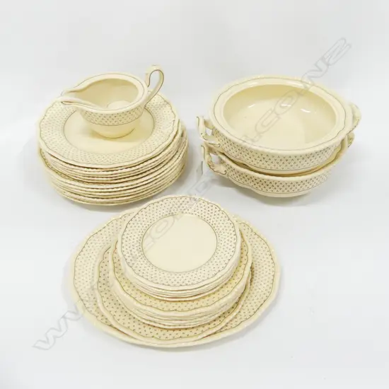 ROYAL DOULTON PART DINNER SERVICE; ASST SIZE PLATES INCL 7 DINNER, 2 SERVING DISHES (NO LIDS) SAUCE JUG & LADLE ETC. 