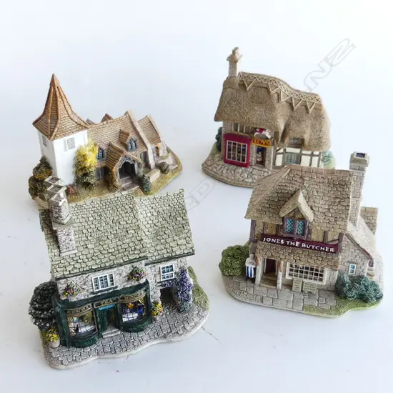 4 LILLIPUT LANE MINIATURES- BUTCHER, TEA HOUSE, GREENSTED CHURCH & TOY SHOP