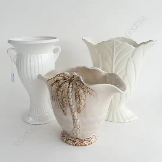 3 WHITE VASES; 2 BESWICK, 1 CROWN LYNN - 2 w. MINOR FAULTS H.275mm