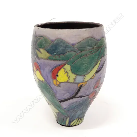 STAMPED STUDIO POTTERY VASE; PARROTS IN LANDSCAPE H.250mm