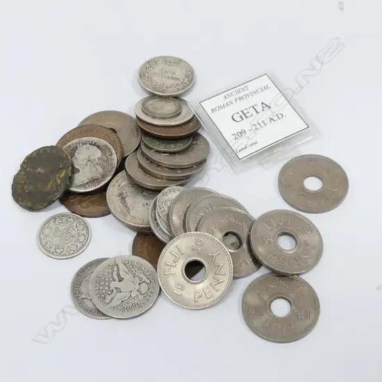 12 FIJI 1936 PENNIES + ASST. WORLD ANTIQUE COINS & TOKENS