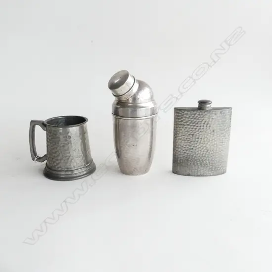 VINTAGE PEWTER; TANKARD (H.85MM) COCKTAIL SHAKER (H. 170MM) & HIP FLASK (H.110MM)