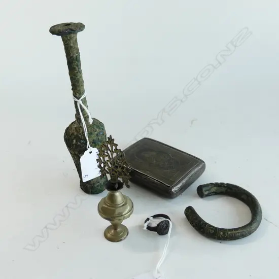 MIDDLE EASTERN SILVER CARD CASE, ANCIENT METAL BANGLE, KOHL POT, RING & BELL L.180mm