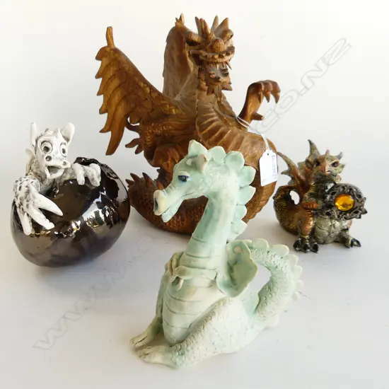 4 ASST. DRAGONS, 2 CERAMIC, RESIN & CARVED WOODEN H.250mm