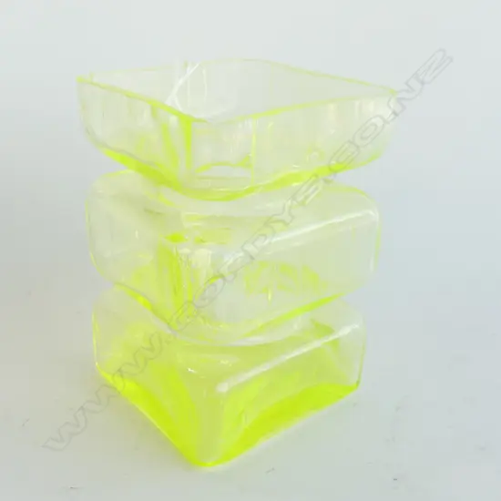 SCANDINAVIAN URANIUM GLASS VASE BY HELENA TYNELL. FROM THE PALA BLOCKWORK SERIES, FAULT TO ONE CORNER. H.120mm