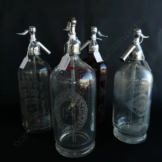 4 SODA SYPHONS 2 THOMPSONS/QUILL AND MORRIS AND F CHITTOCK AND SONS H 320 MM