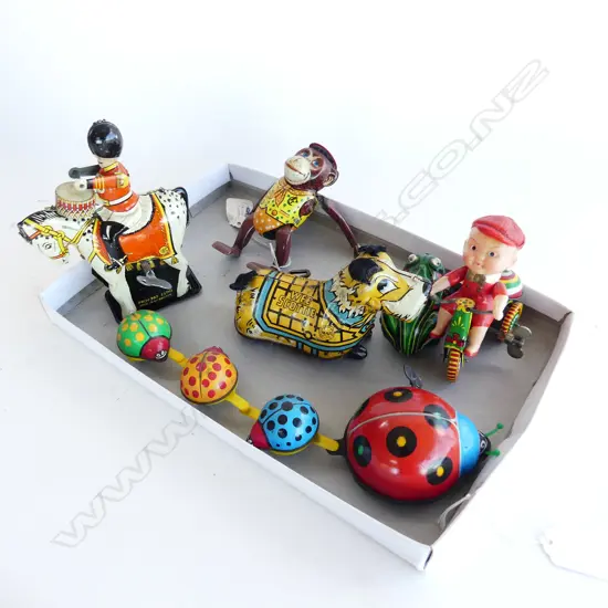 SMALL BOX 6 VINTAGE TIN TOYS WEE SCOTTIE TUMBLING MONKEY ETC