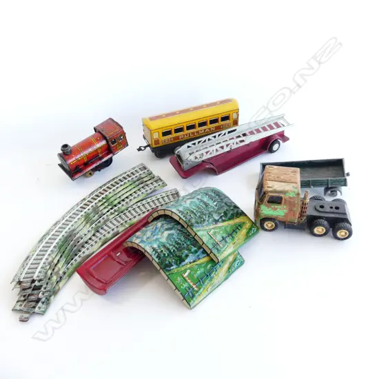 SMALL BOX VINTAGE FIRE TRUCK TRAIN SET ETC