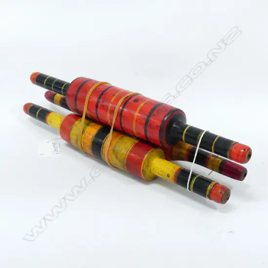 3 PAINTED WOODEN CHAPATI ROLLERS L.280mm