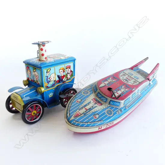 VINTAGE TIN TOY CLOCKWORK NAVY BOAT L240MM & TIN TOY CAR H130MM