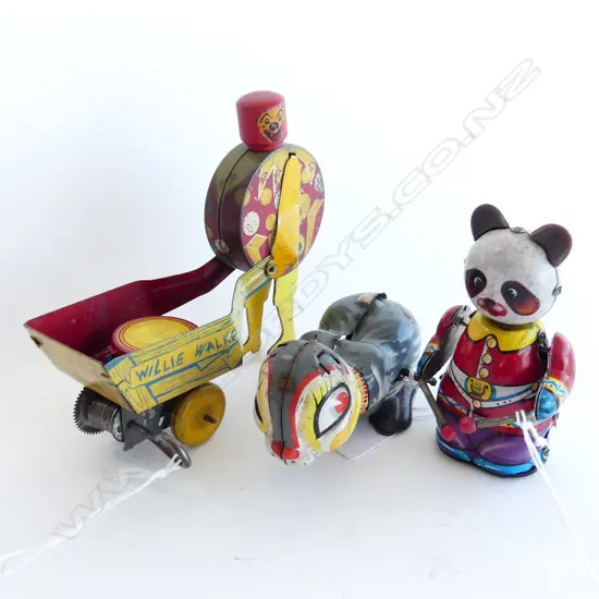 3 VINTAGE TIN TOYS WILLIE WALKER H135 BUNNY & PANDA