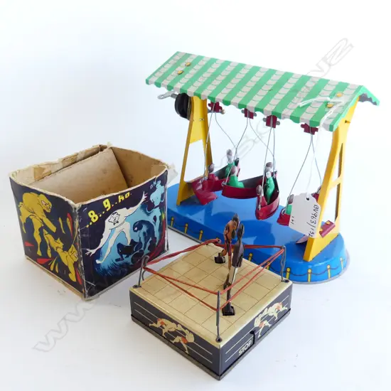 BOXED VINTAGE TIN TOY BOXERS H90MM &  TIN TOY BOAT SWING H170MM