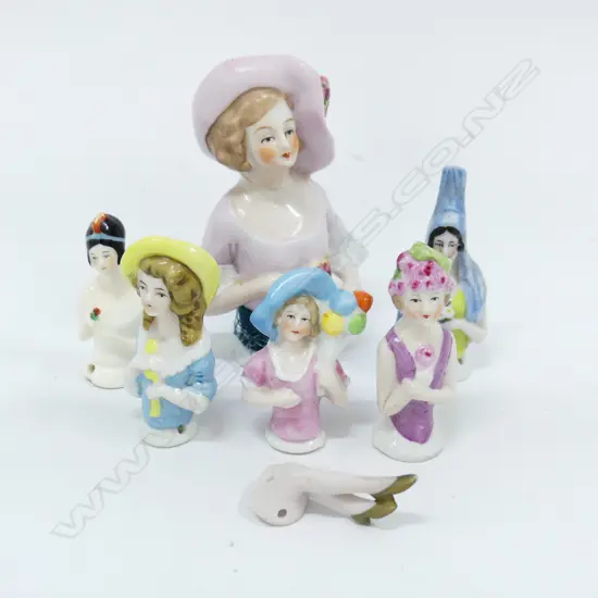 6 VINTAGE PORCELAIN HALF DOLLS, LARGEST H. 100MM, SMALLEST 53MM, PLUS PR LEGS (H. 45MM)