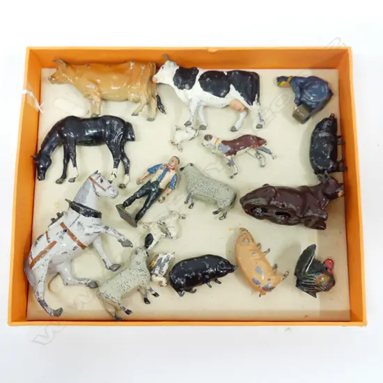 18 VINTAGE BRITAINS LEAD TOYS; FARMYARD ANIMALS, FARMER & MILKING LADY