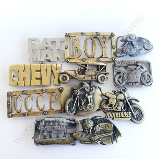 11 BRASS & PEWTER BELT BUCKLES  BIKERS BATMAN ETC LONGEST 110MM