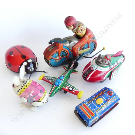 SMALL BOX 6 VINTAGE TIN TOYS MORORBIKE LADYBUG ETC 