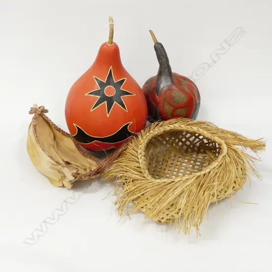 2 PAINTED GOURDS; WHALE DESIGN / MAORI DESIGN + WOVEN BASKET 250mm dia + HUSK