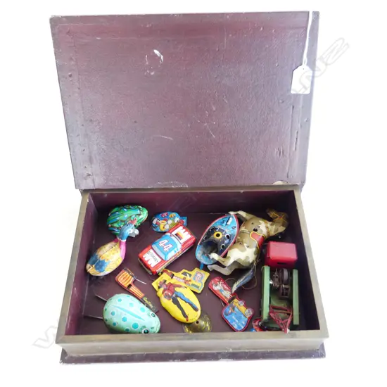 SMALL BOX L340 W240 CONTENTS VINTAGE TIN TOYS TRUCK HORSE FROGS ETC