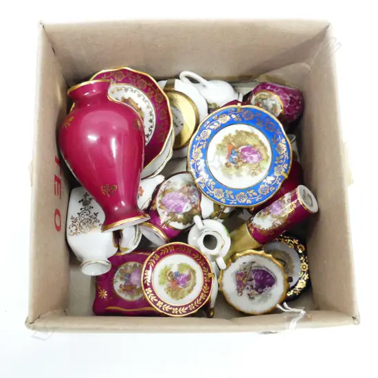 BOX ASST MINIATURE LIMOGES INCL PLATES, JUGS, VASES ETC..