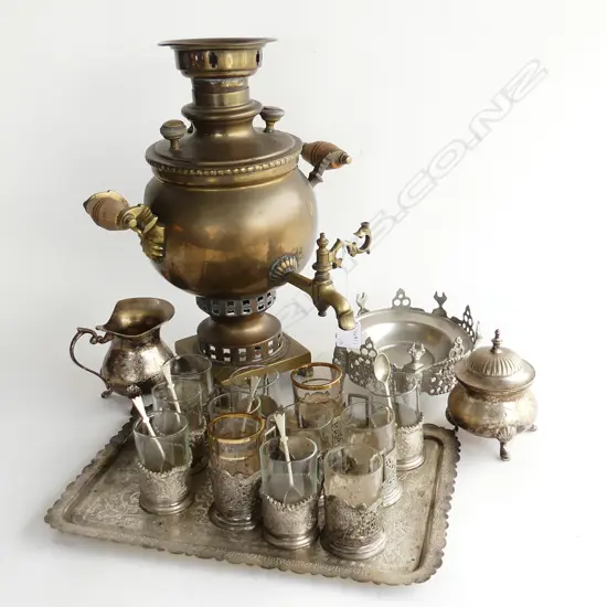 VINTAGE RUSSIAN SAMOVAR H.380mm + 12 SILVER PLATE GLASSES, TRAY, DISH, MILK & SUGAR