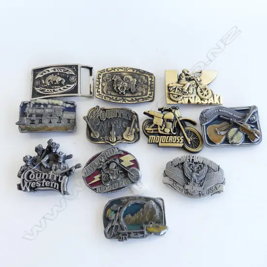 11 BRASS & PEWTER BELT BUCKLES BIKERS TRAINS ETC LONGEST 90MM