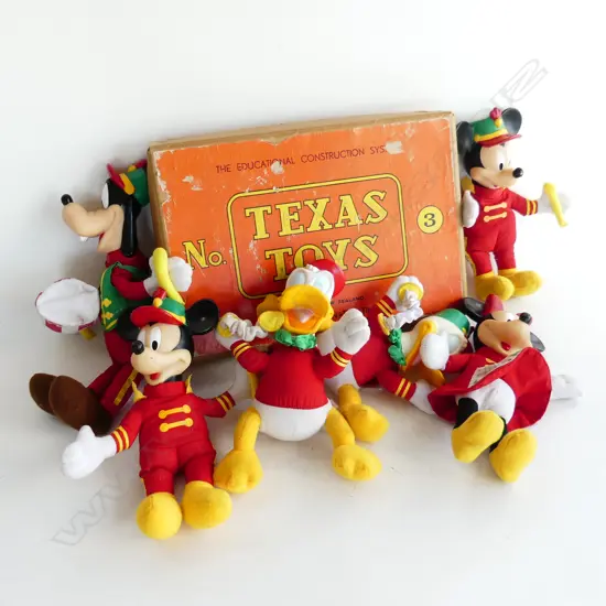 BOXED TEXAS TOY CONSTRUTION SET L370 W260MM & 6 WALT DISNEY  SOFT TOYS MICKEY GOOFY ETC H340MM