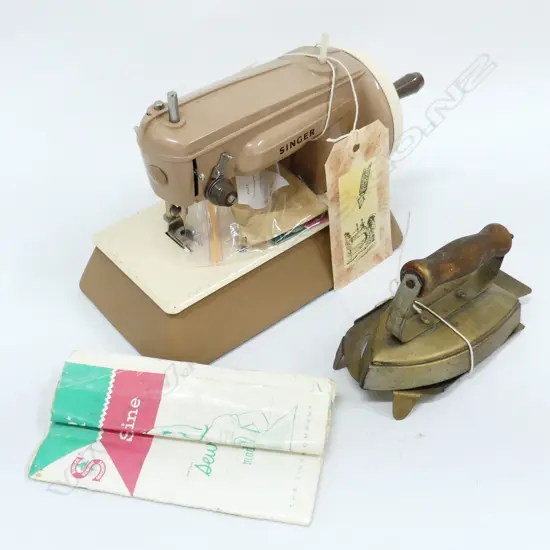 VINTAGE CHILDS SINGER SEWING MACHINE IN ORIG. BOX + ACCESSORIES & IRON