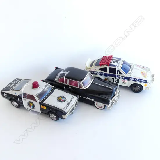 3 VINTAGE TIN TOY CARS CADILLAC 280MM HIGHWAY PATROL L240MM &PORSCHE L240MM
