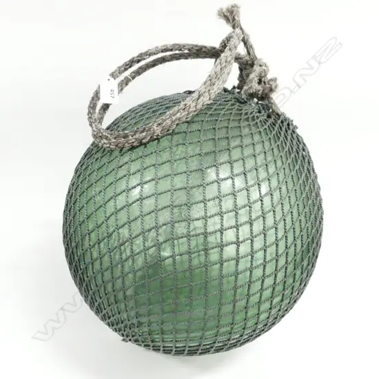 OLD GLASS FISHING FLOAT WITH NETTING APPROX DIA 500M