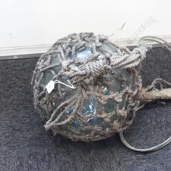 OLD GLASS FISHING FLOAT WITH NETTING APPROX =DIA 400MM