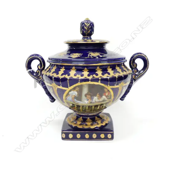 LG COBALT & GOLD 2-HANDLED, LIDDED URN; GAINSBOROUGH STYLE  DECALS ON SIDE APPROX H.380MM