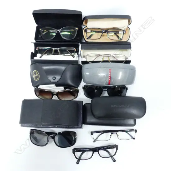 6 PRS DESIGNER PERSCRIPTION GLASSES + 3 PRS SUNGLASSES IN ORIG. CASES - VERSACE, PRADA, ARMANI ETC)