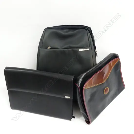 4 BLACK BAGS - SAMSONITE BACK PACK w. TOILET BAG, 2 LEATHER CASES; OROTON & OTHER (ITALIAN)