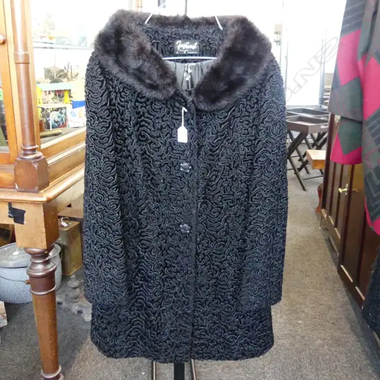VINTAGE BLACK ASTRAKHAN COAT w. FUR COLLAR
