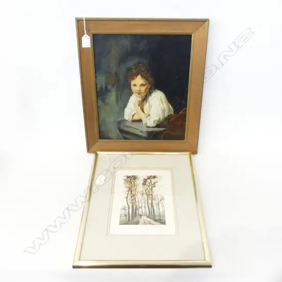 2 ARTWORKS; HEBBELINCK ETCHING 225x175mm +COPY REMBRANDTS 'YOUNG GIRL LEANING ON A WINDOW-SILL' 345x295mm