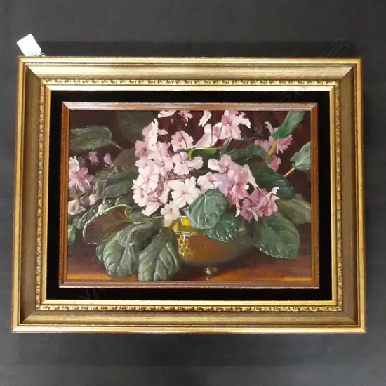 MICHAEL BLOW (NZ 1943-) STILL LIFE w. PINK FLOWERS - OIL ON BOARD 240x340mm