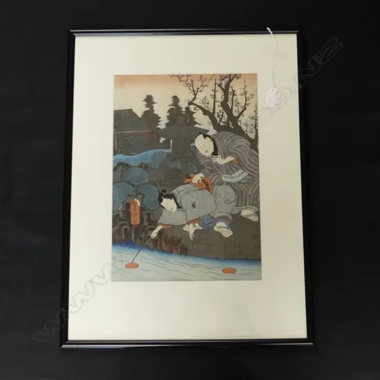 VINTAGE JAPANESE WOODBLOCK PRINT; 2 MEN BY A STREAM 355x250mm