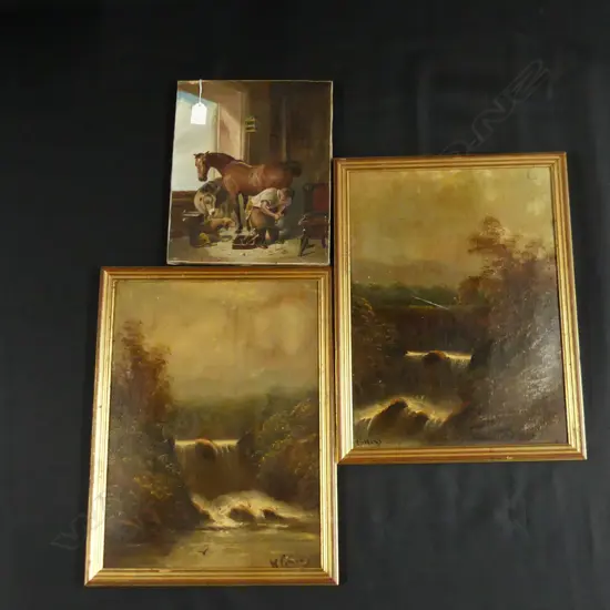 3 ANTIQUE OIL ARTWORKS; HORSE & FARRIER 305x255mm + PR COLONIAL BUSH LANDSCAPES 425x315mm GILT FRAMES