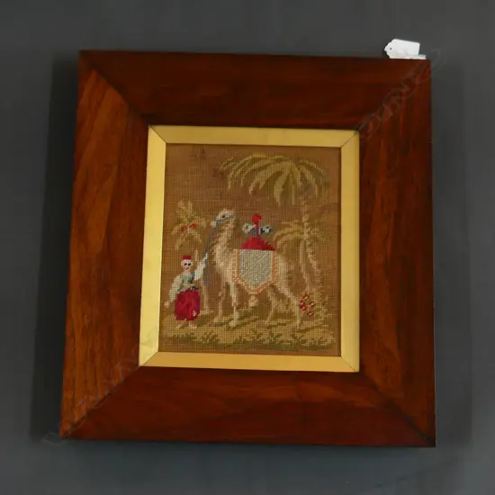 ANTIQUE TAPESTRY, FIGURE WITH CAMEL, SOME LOSSES, 410 X 370mm (INCL. FRAME) 