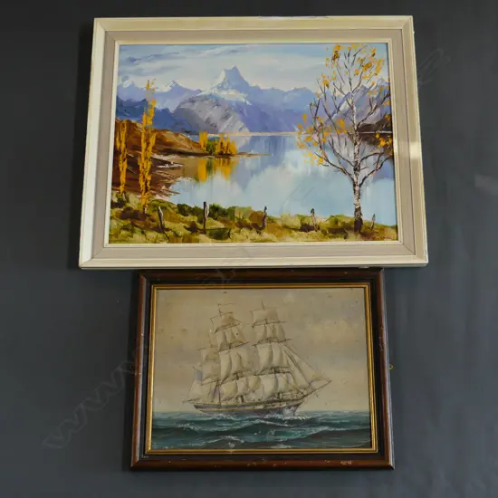 2 OILS; SAILING SHIP 290x390mm + PETER LONG 'MT COOK - LAKE PUKAKI' 420x550mm 