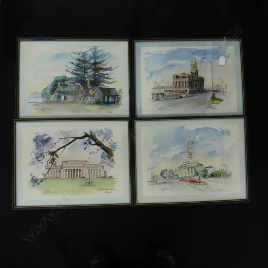 4 FRAMED HISTORIC AUCKLAND BUILDING PRINTS; TOWN HALL, MUSEUM ETC..370 X 250MM