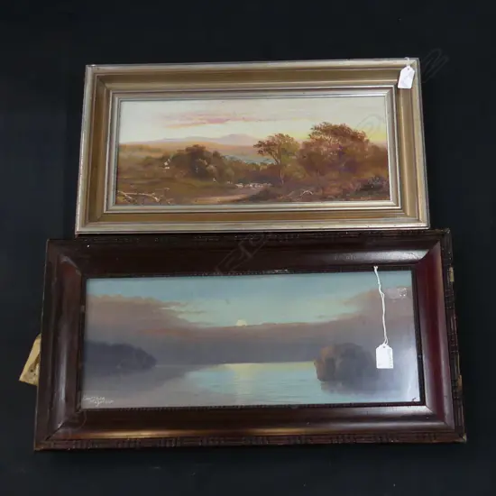 2 COLONIAL LANDSCAPE OILS; MAYCLAIR 'EAST CAPE' 195x500mm + SIGNED SUNSET LANDSCAPE 180x440mm