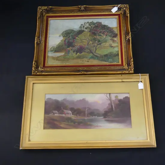 CHAS YOUNG - COLONIAL LANDSCAPE OIL w. COTTAGE BY RIVER 180x345mm + POHUTAKAWA OIL ON CANVAS 290x390mm