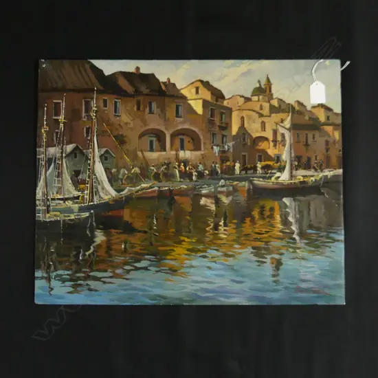 ENRICO CAPUAUA ? ITALIAN OIL C1950 HARBOUR BUILDINGS signed & detailed verso 400x500mm