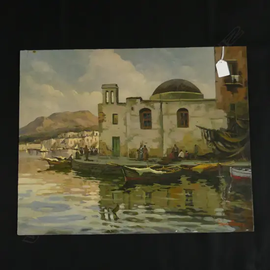 ENRICO CAPUAUA ? ITALIAN OIL C1950 HARBOUR BUILDINGS signed & detailed verso 400x500mm