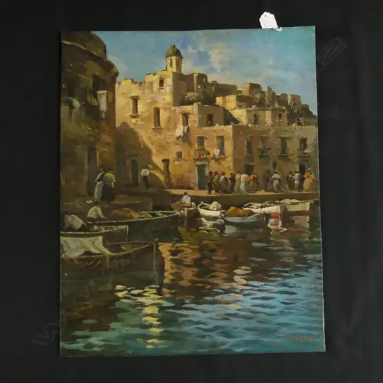 ENRICO CAPUAUA ? ITALIAN OIL C1950 HARBOUR BUILDINGS signed & detailed verso 500x400mm