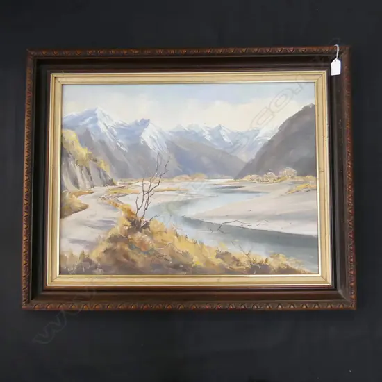 LG MOUNTAIN & RIVER OIL ON BOARD, SIGNED 445x595mm