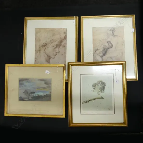 4 GILT FRAMED ARTWORKS; 2 MICHELANGELO, W. SHACKELTON (1872-1933) 'TWILIGHT ON THE HILLS' 185x275mm, RAYMOND CHING OWL